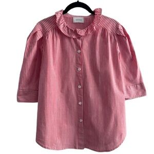 Adrienne Red White Stripe 3/4 Sleeve Ruffle Collar Button Down Blouse